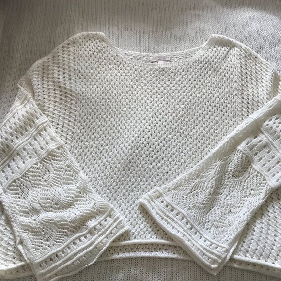 Lauren Conrad Scoop neck Open knit Cropped Sweater Bell sleeves XXL Off-white - Picture 2 of 8